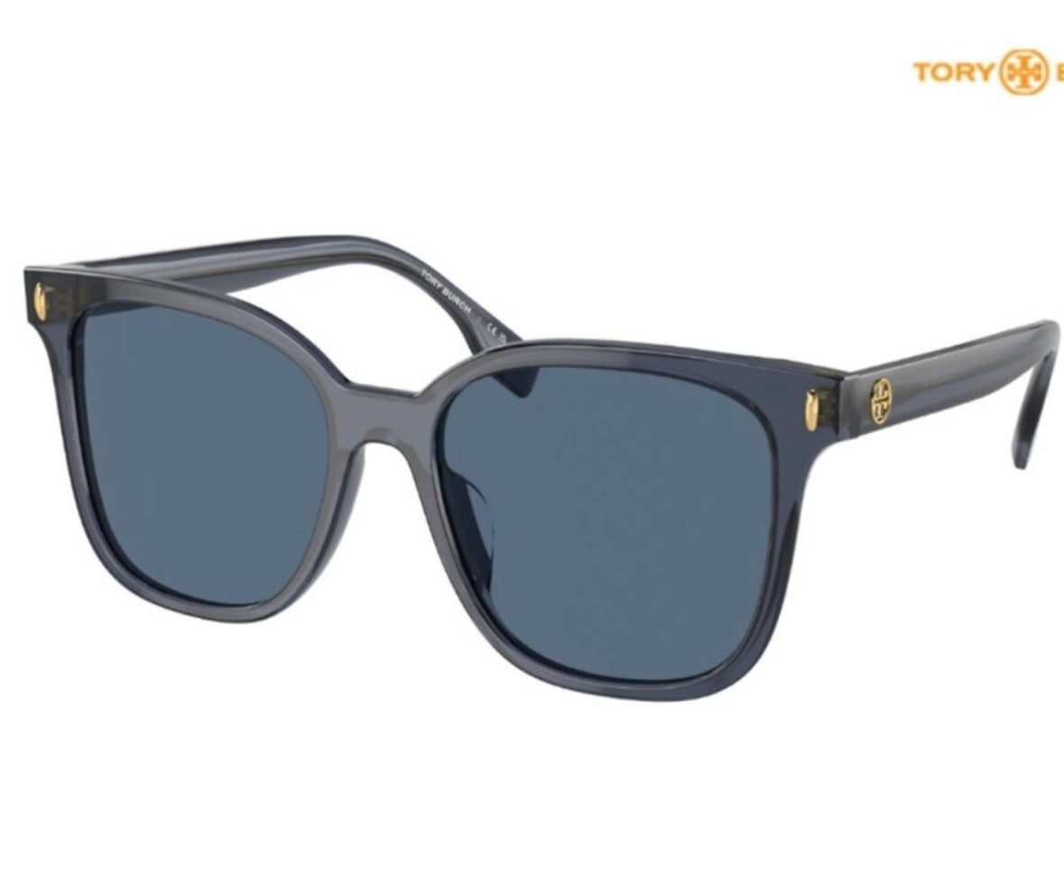Tory Burch Women’s Square Sunglasses – Transparent Blue with Dark Blue Full-Rim Lenses