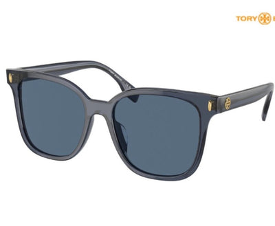 Tory Burch Women’s Square Sunglasses – Transparent Blue with Dark Blue Full-Rim Lenses