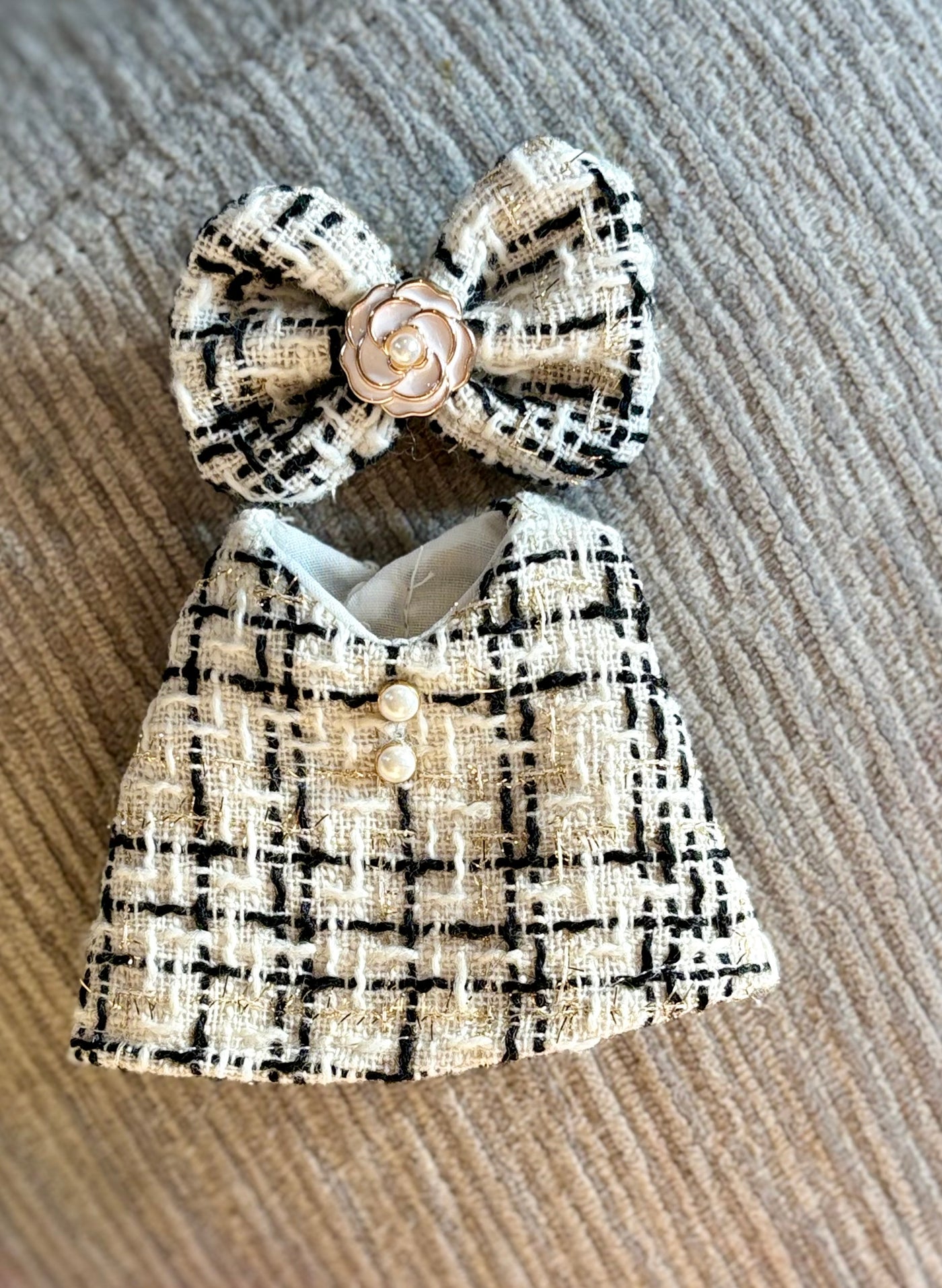 Luxury-Inspired Labubu Outfit – Tweed Dress & Bow Accessory Set