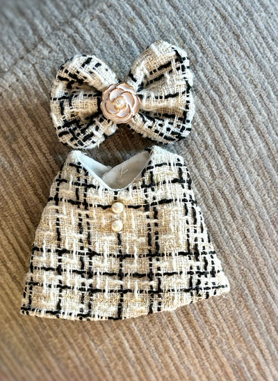 Luxury-Inspired Labubu Outfit – Tweed Dress & Bow Accessory Set
