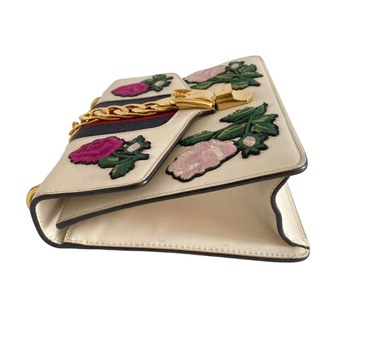 Gucci Sylvie Medium Embroidered Floral Shoulder Bag White Leather