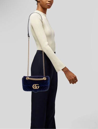 GUCCI GG MARMONT SMALL BLUE VELVET BAG