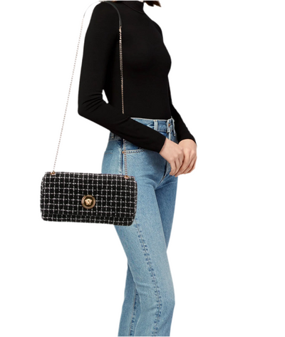 Versace Tweed Chain Shoulder Bag – Black & White Check with Medusa Medallion