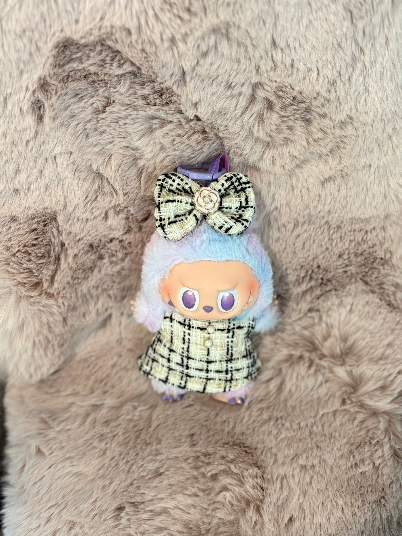 Luxury-Inspired Labubu Outfit – Tweed Dress & Bow Accessory Set