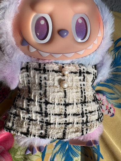 Luxury-Inspired Labubu Outfit – Tweed Dress & Bow Accessory Set