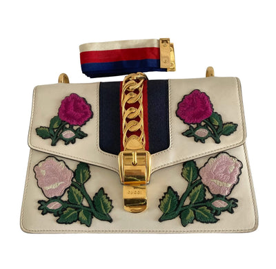 Gucci Sylvie Medium Embroidered Floral Shoulder Bag White Leather