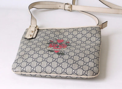 Authentic Gucci GG Monogram Roses & Hearts Crossbody Bag – Beige Leather Trim