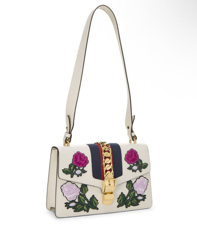Gucci Sylvie Medium Embroidered Floral Shoulder Bag White Leather