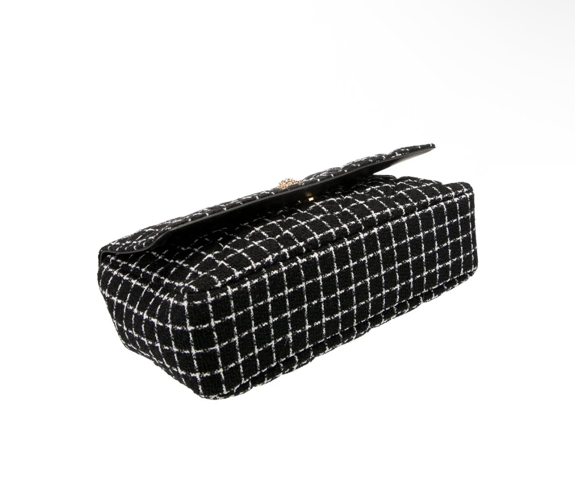 Versace Tweed Chain Shoulder Bag – Black & White Check with Medusa Medallion
