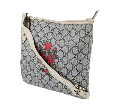 Authentic Gucci GG Monogram Roses & Hearts Crossbody Bag – Beige Leather Trim