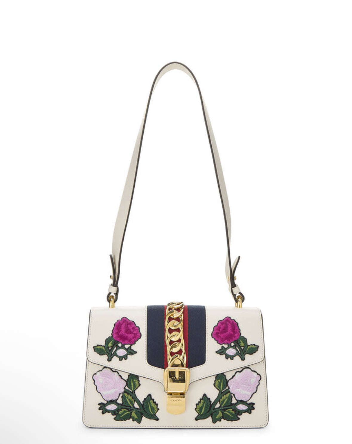 Gucci Sylvie Medium Embroidered Floral Shoulder Bag White Leather