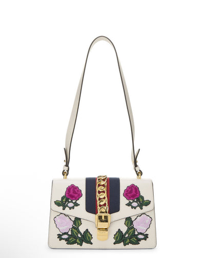 Gucci Sylvie Medium Embroidered Floral Shoulder Bag White Leather