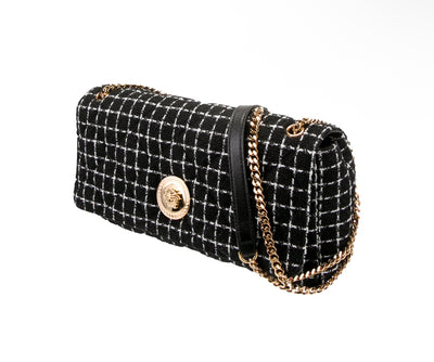 Versace Tweed Chain Shoulder Bag – Black & White Check with Medusa Medallion