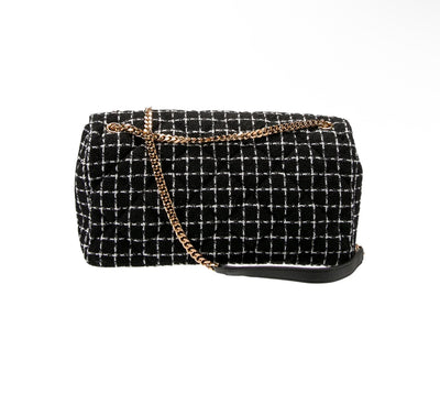 Versace Tweed Chain Shoulder Bag – Black & White Check with Medusa Medallion