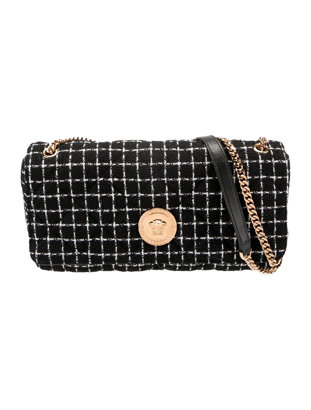 Versace Tweed Chain Shoulder Bag – Black & White Check with Medusa Medallion