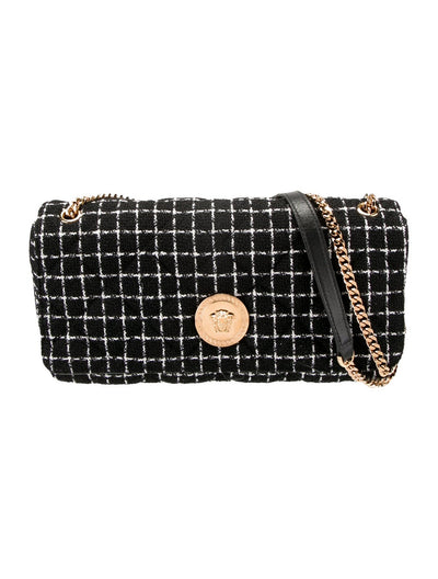 Versace Tweed Chain Shoulder Bag – Black & White Check with Medusa Medallion