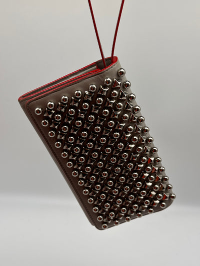 Gray Christian Louboutin Leather Spiked Wristlet